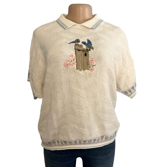 Chelsea Gardens Short Sleeve Collared Sweater Embroidered Bird Cream - Picture 1 of 8